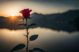 a rose is in front of a lake at sunset. AI-Generated photo