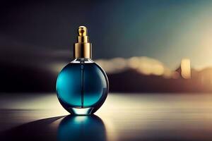 un azul perfume botella en un mesa con un dorado gorra. generado por ai foto