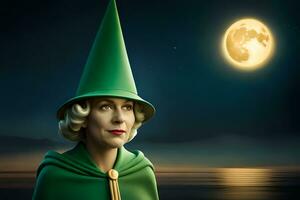 a woman in a green hat and green cloak. AI-Generated photo