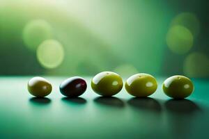 a row of green olives on a table. AI-Generated photo