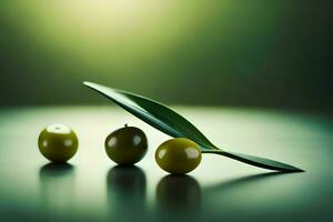 Tres verde aceitunas con hojas en un mesa. generado por ai foto