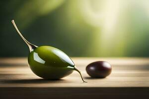 a green olive and a red one sit on a table. AI-Generated photo