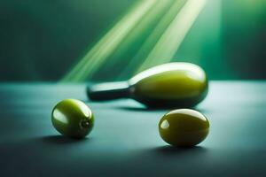 dos verde aceitunas y un botella de aceituna aceite. generado por ai foto