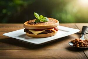 a hamburger with cheese and beans on a white plate. AI-Generated photo