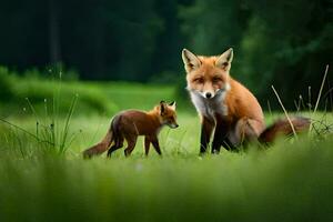 a mother fox and her cub in the grass. AI-Generated photo