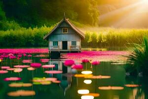 un casa se sienta en el borde de un lago con rosado loto flores generado por ai foto