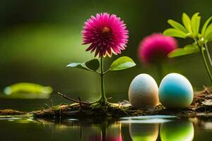 two eggs and a flower sit on the water. AI-Generated photo