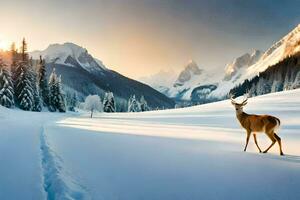 a deer stands in the snow in front of a mountain. AI-Generated photo