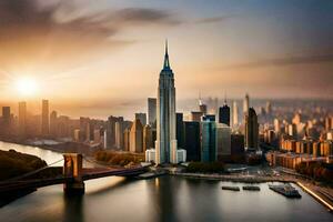 the sun rises over the city skyline in new york. AI-Generated photo