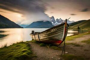 a boat sits on the shore of a lake. AI-Generated photo