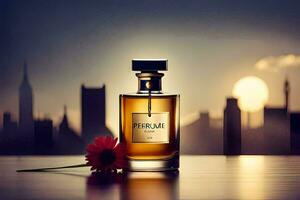 the perfume bottle is on a table with a flower in front of the cityscape. AI-Generated photo