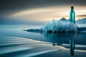 a bottle of water sits on the ice in the middle of the ocean. AI-Generated photo