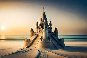 a castle on the beach at sunset. AI-Generated photo