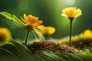 un grupo de amarillo flores en el césped. generado por ai foto