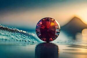 un rojo diamante se sienta en el agua con un puesta de sol en el antecedentes. generado por ai foto