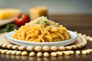 macaroni in a white bowl on a wooden table. AI-Generated photo