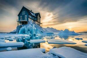 a house on ice in the middle of the ocean. AI-Generated photo