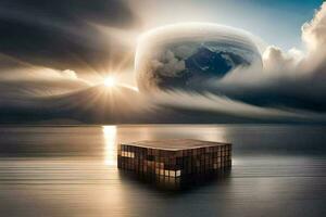 a cube floating in the ocean with clouds and sun. AI-Generated photo