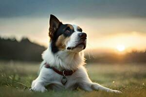 un perro sentado en el césped a puesta de sol. generado por ai foto