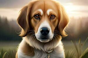 a dog is looking at the camera in a field. AI-Generated photo