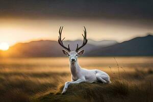 un blanco ciervo es sentado en un rock en el medio de un campo. generado por ai foto