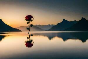 a single rose is standing in the middle of a lake. AI-Generated photo