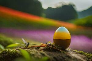 an egg sitting on a log in front of a field of purple flowers. AI-Generated photo