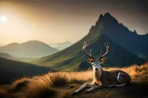 a deer is sitting on the ground in front of a mountain. AI-Generated photo