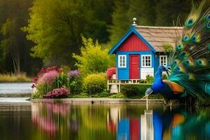 a peacock is standing in front of a house with a blue house and a red house. AI-Generated photo