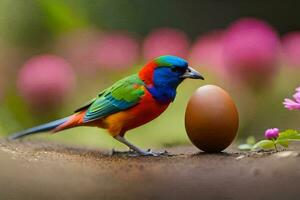 a colorful bird is standing next to an egg. AI-Generated photo