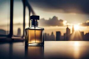 a bottle of perfume sits on a table in front of a cityscape. AI-Generated photo