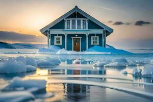 a blue house sits on top of ice in the middle of the ocean. AI-Generated photo