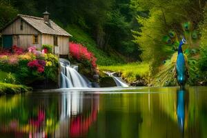 a waterfall and a house with a peacock in front of it. AI-Generated photo