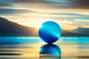 un azul pelota se sienta en el agua en frente de un montaña. generado por ai foto