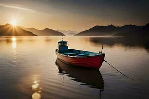 un barco es flotante en el agua a puesta de sol. generado por ai foto