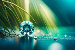 a diamond is sitting on the ground with water droplets. AI-Generated photo