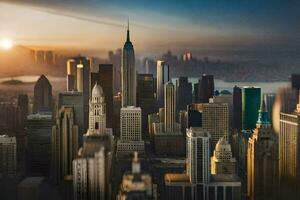 the sun rises over the city skyline in new york. AI-Generated photo