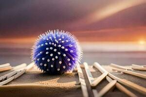 a blue ball sits on top of sticks in the sand. AI-Generated photo