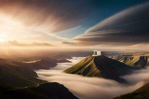 un nube terminado un montaña con un pequeño casa en el medio. generado por ai foto