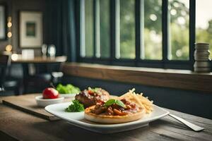 a plate of food sitting on a table in a restaurant. AI-Generated photo