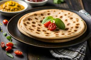indian flatbreads on a black plate with tomato sauce and spices. AI-Generated photo