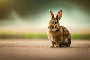 a rabbit sitting on the ground in front of a blurry background. AI-Generated photo