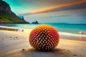 un pelota de puntiagudo pelo en el playa. generado por ai foto