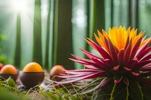 a flower with eggs in the background. AI-Generated photo