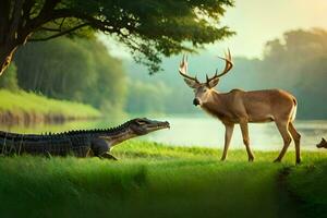 a deer and an alligator in the grass. AI-Generated photo