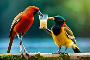 two birds drinking from a glass. AI-Generated photo