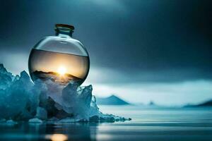 a bottle filled with water and ice sitting on the water. AI-Generated photo