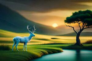 a white deer stands in the grass near a river. AI-Generated photo