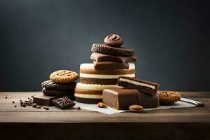 chocolate and cookies on a wooden table. AI-Generated photo