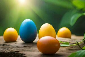 colorful easter eggs on a wooden table. AI-Generated photo